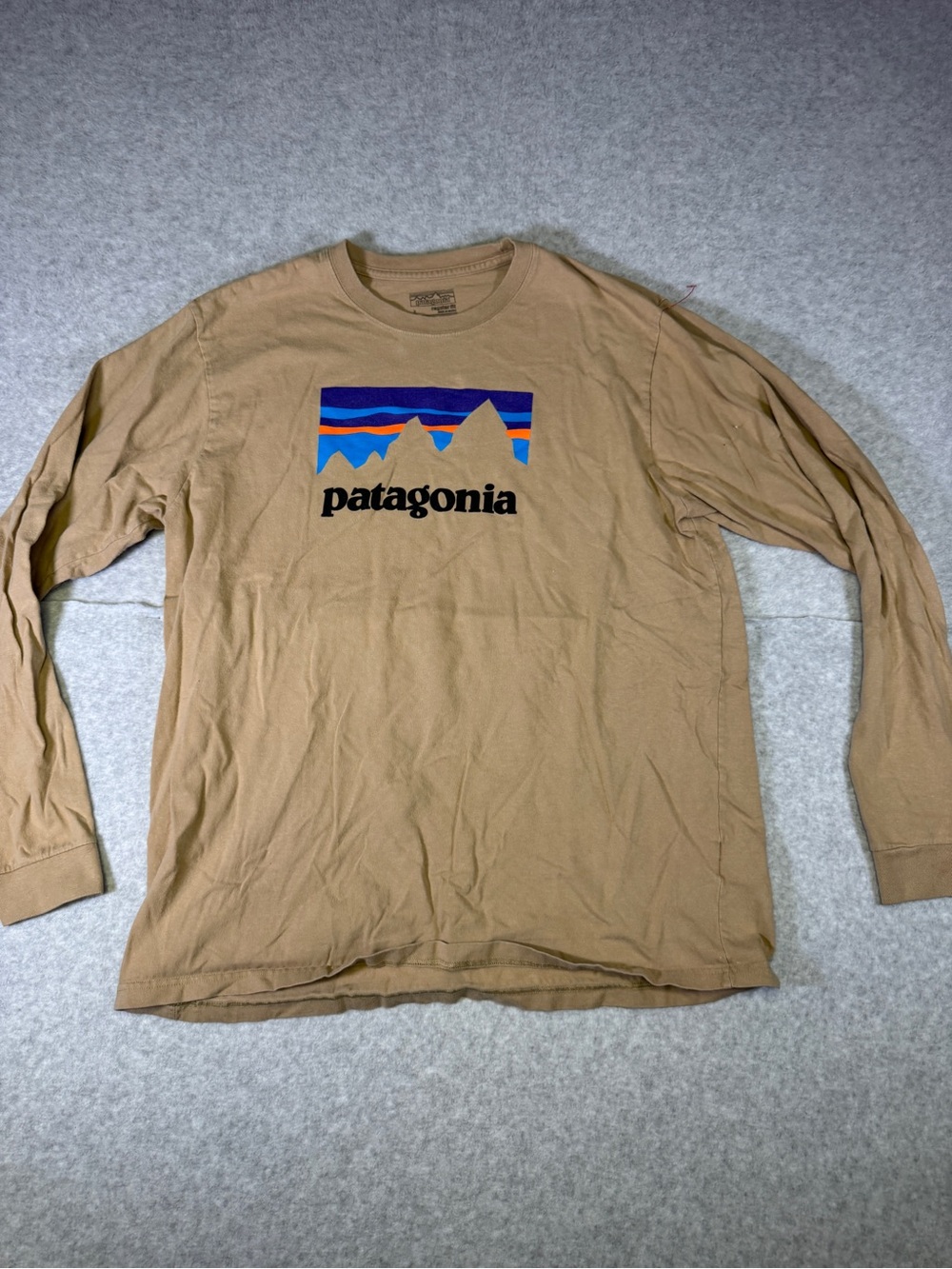Patagonia Long-Sleeve Logo Tee in Tan with Multi-Color Mountain Graphic